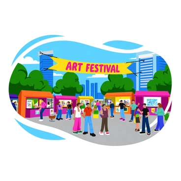 A vibrant art festival taking place in an Australian city square filled with colorful art booths and stalls. The square is bustling with people of various ages examining the artwork on display. Some individuals are chatting enthusiastically while others are engaged in hands-on art activities. A large banner reading "Art Festival" hangs above the main entrance, decorated with bright colors. In the background, tall city buildings frame the square, while trees provide patches of greenery. There are live artists creating their pieces on-site, adding to the lively atmosphere of creativity and community.