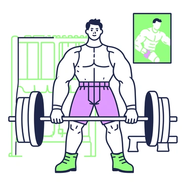 A strongman with a muscular build is performing barbell curls in a vintage gym setting. He is wearing a sleeveless shirt and high-waisted shorts that reflect the fashion of the 1920s. His hair is styled in a slicked-back manner, and he has a confident expression on his face. The barbell he is lifting is made of heavy iron, with weights on either side. In the background, there are wooden gym equipment, including a bench press and a set of dumbbells. The atmosphere is filled with the essence of physical strength and determination. On the wall behind him, there is a vintage poster featuring a muscle-bound athlete.