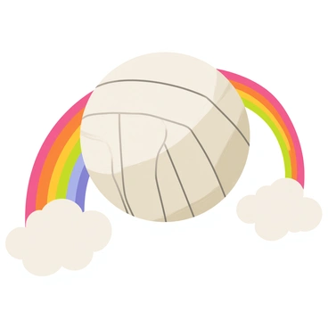 A 3D volleyball with a glossy white surface and visible black seams is hovering in the air. A vibrant rainbow arcs gracefully across the sky in the background, showcasing a spectrum of bright colors. The scene includes fluffy white clouds scattered around the rainbow, enhancing the cheerful atmosphere.