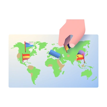 An unseen hand is moving small pieces across a large global map. The map features colorful landmasses marked in green and tan, with various flags planted at different locations. The flags include bright colors like red, blue, and yellow, each symbolizing different countries. The hand, partially visible, has light skin and is positioned above the map, skillfully maneuvering a blue piece toward a cluster of flags. A warm light illuminates the scene, casting subtle shadows on the map's surface.