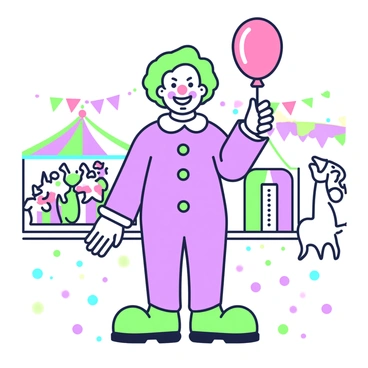 A clown with colorful hair is standing at a carnival. The clown is wearing a large outfit with oversized shoes and a big smile painted on their face. In their right hand, they are holding a balloon shaped like a red nose. Around the clown, there are various carnival attractions, including a colorful carousel in the background and a row of tents with bright banners. The ground is covered with colorful confetti scattered all around, adding to the festive atmosphere.