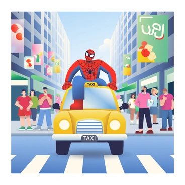 Spider-Man is perched atop a yellow taxi cab as it drives through a bustling city street. He is wearing his iconic red and blue suit, complete with the black spider emblem on his chest. The taxi has its light on, indicating that it is available for passengers. Surrounding the taxi, there are various pedestrians walking along the sidewalk, some looking up in surprise at Spider-Man. Tall buildings frame the scene, with colorful advertisements hanging from their façades. A clear blue sky can be seen above, adding to the lively atmosphere.
