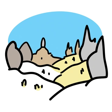 A valley filled with unique rock formations known as "fairy chimneys." Each chimney stands tall and slender, tapering to a point at the top. The surrounding landscape features a variety of earthy colors, including beige, brown, and soft gray, where erosion has sculpted the rocks over time. The sky above is clear and blue, offering a bright contrast to the rugged terrain below. Small patches of greenery are dotted throughout the valley, providing a hint of life among the rocky formations.