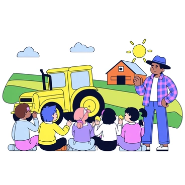 A Canadian farmer wearing a plaid shirt and a wide-brimmed hat stands confidently among a group of children. The farmer is demonstrating safety measures by pointing to a bright yellow tractor parked nearby. The children, dressed in colorful clothing, are attentively listening and taking notes. Some children are sitting on the grass, while others are standing close to the farmer. In the background, there are green fields and a wooden barn, adding context to the farm setting. The sun is shining, creating a cheerful atmosphere.