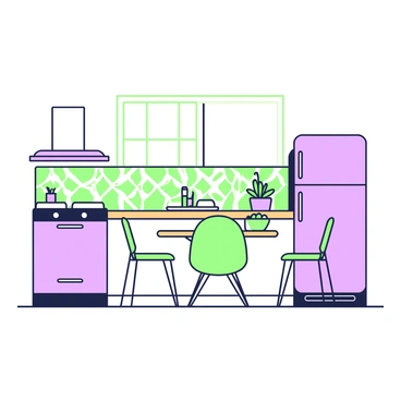 A mid-century modern kitchen features sleek lines and an open layout. The kitchen contains pastel-colored appliances such as a refrigerator and stove, both with rounded edges. Geometric patterns are visible on the backsplash tiles, adding a playful touch. A wooden countertop runs along one wall, with a green bowl of fruits on top. In front of a window, there is a small table with two chairs, one of which is slightly turned, inviting someone to sit. A potted plant sits on a shelf, adding a natural element to the space.