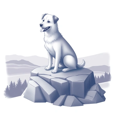 A dog sitting atop a small mountain. The dog has a fluffy coat and is looking out over the panoramic view. Its tongue is hanging out, giving it a joyful expression. The mountain has rugged, rocky terrain, and the landscape below features a variety of trees and rolling hills. The sky is clear, adding to the sense of elevation and freedom in the scene.