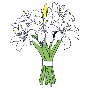 A bouquet of white lilies with elegant, long petals, arranged in a balanced composition. The flowers are fresh and vibrant, showcasing their delicate texture. The bouquet is tied together with a smooth, light-colored silk ribbon that drapes gently around the stems. The arrangement is placed against a simple, light-colored background to enhance the focus on the lilies.