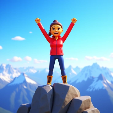A woman standing triumphantly on a mountain peak with her arms raised in victory. She is wearing a rugged outdoor outfit, including a bright red jacket and sturdy hiking boots. Her hair is pulled back in a ponytail, and she has a wide smile on her face. The mountain peak is rocky and steep, with a vast expanse of blue sky and a few scattered clouds in the background. Snow-capped mountains can be seen in the distance, creating a breathtaking panoramic view. The sunlight casts warm light on her figure, emphasizing her sense of achievement.