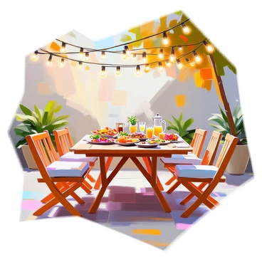 An outdoor dining area is illuminated by warm, glowing fairy lights stretched overhead, creating a cozy atmosphere. A large wooden table is set in the center, adorned with a vibrant assortment of summer dishes including a colorful salad, grilled vegetables, and a platter of fresh fruit. Various drinks are presented in clear glasses filled with ice, alongside a pitcher of lemonade garnished with mint. Surrounding the table are simple wooden chairs, each adorned with soft cushions for comfort. The scene is complemented by potted plants and greenery that adds a touch of nature to the setting.