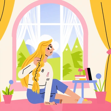 A girl with long golden hair is sitting in a tower room, braiding her hair. She has a thoughtful expression as she looks out the large, arched window. The window is adorned with delicate curtains that flutter gently in the breeze. Sunlight filters through the window, casting a warm glow on her hair, highlighting the rich golden hues. The room is filled with whimsical decorations, including flowers in pots and books stacked on a nearby table. Outside the window, you'll see a vibrant landscape of green trees and a clear blue sky, adding to the enchanting atmosphere.