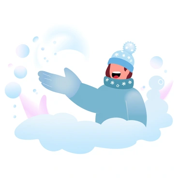 A flat-faced character is wearing a colorful winter hat adorned with various patterns and a matching scarf wrapped around their neck. The character is joyfully engaged in throwing snowballs, surrounded by a blanket of fresh, white snow. Snowflakes are gently falling from the sky, creating a whimsical atmosphere. The ground is covered in a thick layer of snow, and a few snowmen can be seen in the background, adding to the playful winter scene.