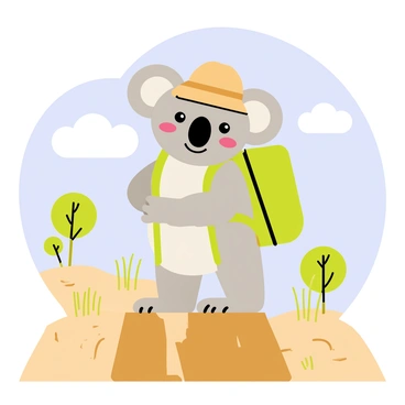 An adventurous koala with fluffy gray fur and large round ears is wearing a green backpack and a wide-brimmed tan hat. The koala is standing on a rocky outcrop, surrounded by sparse vegetation and dry grass typical of the Australian outback. In the background, there are scattered eucalyptus trees under a bright blue sky with a few fluffy white clouds. The koala looks curious and ready for exploration, with a determined expression on its face.