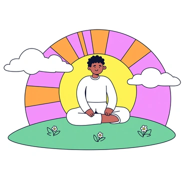 An individual sitting cross-legged on a grassy hilltop. The person is wearing a simple white outfit. The background features a vibrant sunrise with shades of orange, pink, and yellow spreading across the sky. Rays of sunlight break through fluffy white clouds, illuminating the scene. The hilltop is gently sloping, with a few patches of wildflowers scattered around.