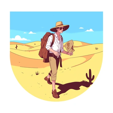 An adventurer is walking through a vast expanse of yellow sand dunes in a bright blue sky. The adventurer is wearing a wide-brimmed hat and sunglasses to shield themselves from the scorching sun. In one hand, they hold a weathered map, while in the other hand, they grasp a shiny compass. The adventurer's clothing is light and loose-fitting, designed for protection against the heat. Shadows from the dunes create patterns in the sand, and occasional cacti can be seen dotting the landscape.