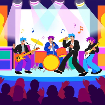 An energetic anime rock band is performing on a colorful stage. The lead singer has spiky blue hair and wears a leather jacket, holding a microphone with enthusiasm. The guitarist has bright purple hair, playing an electric guitar with a fierce expression. The drummer sits behind a vibrant drum set, with animated drumsticks in motion. The bass player is positioned to the side, showcasing a dynamic pose while playing. The stage is adorned with flashing lights and musical notes floating in the air. The audience in the front is cheering and waving their hands, immersed in the lively atmosphere.