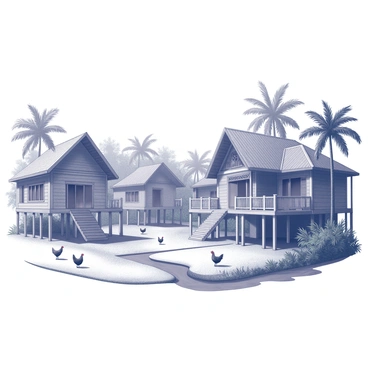 A Malaysian kampung with multiple wooden houses elevated on stilts. The houses feature traditional architecture with intricately carved wooden details and large open verandas. Surrounding the village is dense, lush greenery, including tall palm trees and vibrant tropical plants. The scene portrays a clear space between the houses, allowing pathways made of compacted earth to connect them. A few chickens can be seen roaming freely in the area, while the distant sound of a flowing stream adds to the rural ambiance.
