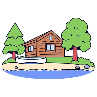 A cozy lakeside cabin made of wood with a slanted roof and a small porch. The cabin is surrounded by tall green trees with dense foliage. A tranquil lake reflects the sky, and a canoe is resting on the sandy shore beside the water. There are a few small rocks scattered near the canoe, and the grass is lush and green around the cabin.