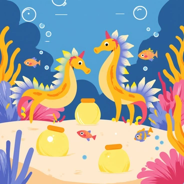 A vibrant underwater festival scene with colorful coral reefs in the background. Seahorses with bright hues of blue, yellow, and pink are elegantly dancing around glowing lanterns that illuminate the surroundings with a soft, warm light. The lanterns are shaped like jellyfish and emit a gentle glow, casting shimmering reflections on the ocean floor. Bubbles rise from the sand, adding a playful element to the scene. A variety of small fish swim by, complementing the lively atmosphere of the underwater celebration.