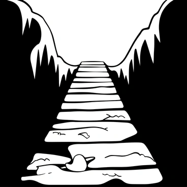 A rickety wooden bridge spans a deep chasm, with planks unevenly placed and some frayed at the edges. The bridge is surrounded by jagged rock formations, creating a sense of height and peril. At the end of the bridge, there is a bright light symbolizing safety, illuminating the path forward. The area around the chasm is filled with sharp, dark shadows, contrasting with the radiant light ahead.