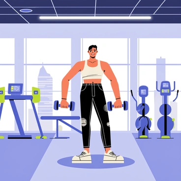 A futuristic gym setting with sleek metallic walls and large windows showing a city skyline. In the center, a person is performing hammer curls using advanced, high-tech weights that display digital metrics. The person has a focused expression, wearing a form-fitting athletic outfit. Various pieces of innovative fitness equipment can be seen in the background, including machines with glowing interfaces and interactive screens. Bright overhead lights illuminate the space, creating a vibrant and energetic atmosphere.