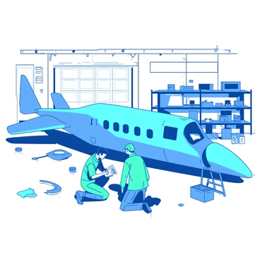 A blue airplane with a bent wing is positioned inside a white hangar. The hangar is spacious, with tools scattered around and bright overhead lights illuminating the scene. Two mechanics, wearing teal uniforms, are inspecting the damaged wing of the airplane. One mechanic is kneeling on a stool, closely examining the wing's structure, while the other stands beside him, holding a clipboard and noting observations. Various parts and equipment are organized on shelves in the background, contributing to the busy atmosphere of the hangar.
