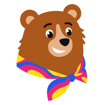 A bear's head is centered in the image, featuring a playful grin that showcases its teeth. The bear is wearing a colorful bandana tied around its neck, which has vibrant patterns of red, blue, and yellow. The bear's fur is a rich brown color, and its eyes are bright and expressive, adding to its cheerful demeanor. The background is simple to emphasize the bear's head and the bandana's vivid colors.