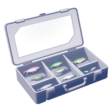 An open tackle box is positioned on a flat surface. Inside, various fishing lures of different shapes and sizes are arranged neatly in compartments. Each lure is distinct, featuring unique designs and textures. The box is made of sturdy plastic, showcasing a clear top that allows for visibility of the contents. The lures are organized by type, with some resembling minnows, while others mimic insects or other prey. The scene conveys a sense of preparation and anticipation for a fishing trip.