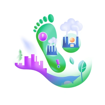 A footprint pattern with distinct outlines, showcasing various symbols representing carbon emissions. Inside the footprint, there are icons such as smoke clouds, factory silhouettes, and car emissions, all depicted in a modern pastel palette. The background features subtle textures to emphasize the footprint design, creating a cohesive and engaging visual composition. The footprint is centered, allowing the symbols within to be clearly visible and impactful.