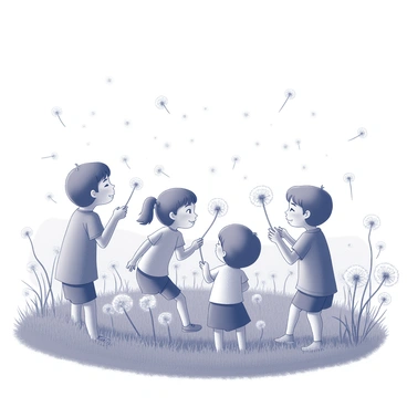A group of children is gathered in a vast field filled with dandelions. They are joyfully blowing on the dandelion puffballs, sending the seeds swirling through the air. Each child has a look of concentration and delight as they watch the seeds drift away. The sun shines brightly overhead, casting soft shadows on the grass. In the background, the field stretches out, dotted with more dandelions, creating a sense of abundance and playfulness.