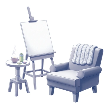 A cozy corner of the living room featuring a small easel and art supplies ready for creativity