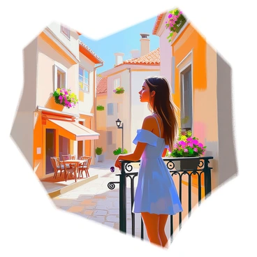 A woman with long brown hair, dressed in a flowing blue dress, stands on a wrought-iron balcony. She gazes thoughtfully over a charming European alleyway below. The alleyway is lined with pastel-colored buildings topped with red-tiled roofs, and flower boxes filled with vibrant blooms adorn the windowsills. Cobblestones create a winding path, leading towards a small café with outdoor seating. The warm sunlight casts gentle shadows, enhancing the inviting atmosphere of the scene.