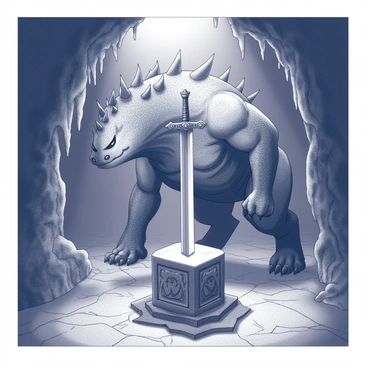 A large, fierce creature stands on guard within a dimly lit cave. Its muscular body is covered in thick scales, displaying sharp spikes along its spine. The creature has piercing eyes that reflect a sense of determination and loyalty. In the center of the cave lies a legendary sword, resting on a stone pedestal, surrounded by intricate carvings. The sword's hilt is adorned with ornate designs, suggesting its importance. The cave walls are rough and jagged, creating an ominous atmosphere. A faint light emanates from the tips of the stalactites above, subtly illuminating the scene. The creature's posture is alert, ready to defend the sword from any intruders.
