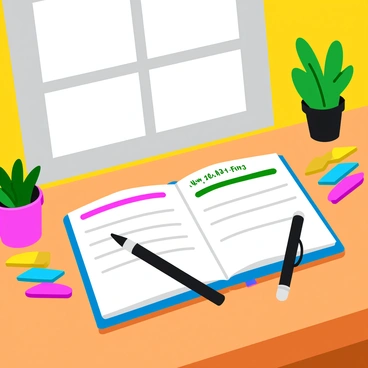 A colorful planner open on a wooden desk displays a neatly organized daily schedule. The pages of the planner feature various sections with labeled time slots in a vibrant font. The desk is adorned with a set of colorful sticky notes and a sleek black pen resting next to the planner. A small potted plant sits nearby, adding a touch of greenery to the scene. Bright sunlight streams in through a nearby window, illuminating the neat arrangement and creating soft shadows.