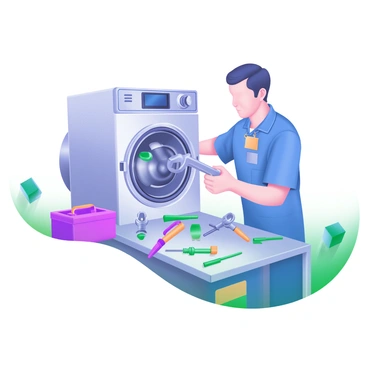 A technician repairing an autoclave, surrounded by tools and parts