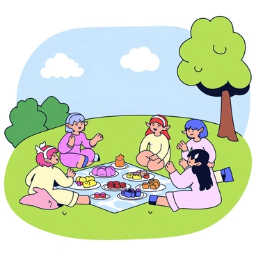A breezy meadow with vibrant green grass and a clear blue sky. In the center of the meadow, there is a picnic blanket spread out, adorned with various colorful fruits and delicacies. A group of elves, dressed in flowing light-colored garments, sit around the picnic blanket, engaged in conversation and laughter. Sunlight filters through the trees surrounding the meadow, casting soft shadows on the ground. A gentle breeze rustles the leaves, creating a serene atmosphere.