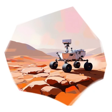 An illustration of the Martian surface featuring a rugged, rocky landscape characterized by red and orange hues. In the foreground, a rover with a metallic body and large, sturdy wheels is actively exploring the terrain. The rover has various scientific instruments and cameras mounted on its sides. In the background, distant hills and dust clouds are visible, while the sky above is a faded pinkish hue, indicating the thin atmosphere of Mars. The scene conveys a sense of exploration and discovery in this alien environment.