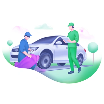A modern pastel illustration showing two inspectors walking around a vehicle. One inspector, wearing a blue uniform and holding a tablet, is crouched down to examine the tire. The other inspector, in a green uniform, stands on the opposite side of the vehicle, also looking at their tablet while taking notes. The vehicle is a sleek, silver car with a shiny exterior, parked on a smooth surface. Surrounding the scene are faint outlines of trees, suggesting an outdoor environment, and the sky is clear with soft pastel colors.
