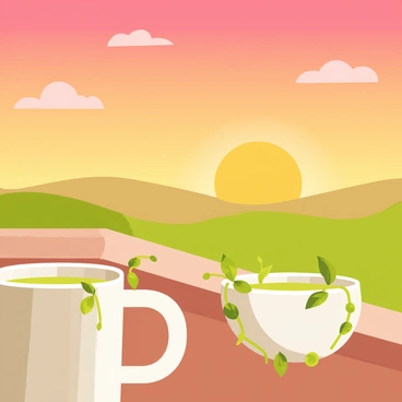 A scenic sunrise view with warm orange and pink hues spreading across the sky. The sun is slowly rising on the horizon, illuminating a few fluffy clouds. In the foreground, there is a matcha latte in a white ceramic cup with a smooth, frothy top, placed on a wooden balcony rail. The railing is adorned with small green plants spilling over, adding a touch of nature to the scene. The balcony overlooks a tranquil landscape, enhancing the peaceful morning atmosphere.