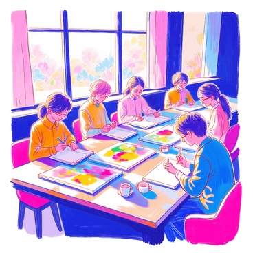 A panel of judges is seated at a long table, examining colorful illustrations that are neatly spread out before them. Each judge has a focused expression, taking notes on their individual notepads. The illustrations vary in style and subject, showcasing vibrant colors and intricate designs. The table is adorned with a polished surface, reflecting the light, and there are pens and a few coffee cups scattered around. Behind the judges, a large window allows natural light to fill the room, illuminating the artwork.
