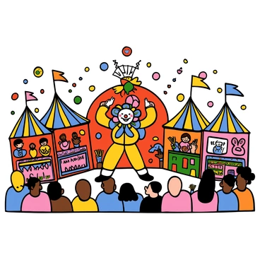 A joker with light skin and multicolored hair is performing in front of a crowd, wearing a vibrant costume with a mix of patterns and bright colors. He is smiling widely, showcasing his playful personality. The crowd consists of diverse individuals with varying skin tones, all captivated by the performance. Surrounding the joker are colorful stalls decorated with streamers and balloons, each stall displaying an array of festive items. There are people enjoying snacks and games, contributing to the lively atmosphere of the festival.