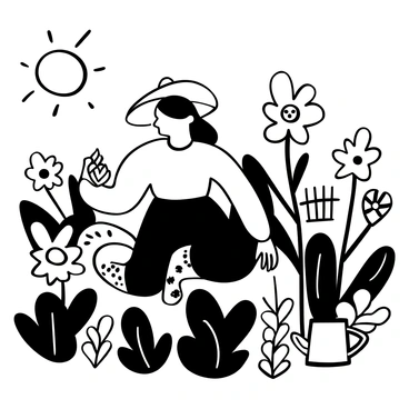 A woman named "Lillemor" kneeling in a flower garden, surrounded by various types of flowers with intricate designs. The sun is rising in the background, casting gentle rays that illuminate the scene. Lillemor is wearing a broad-brimmed hat and holding a small gardening tool in one hand. There are blooming flowers of different sizes and shapes, with a variety of leaves filling the garden space around her. A watering can rests on the ground nearby, and a small fence is visible in the background.