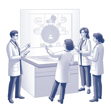 A group of three doctors stands around a holographic interface displaying a complex, interactive model of human genetics. The doctors are focused on the hologram, pointing at various sections while discussing the information being presented. One doctor is a middle-aged man wearing glasses, taking notes on a digital tablet, while the second doctor, a young woman with curly hair, is adjusting the holographic display with her hand. The third doctor, an older woman, gestures toward specific genetic markers shown in the hologram, emphasizing their importance. The background features a modern medical room with equipment and charts visible, contributing to the clinical environment.