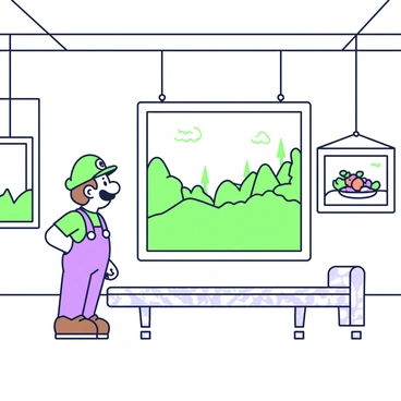 A character resembling Luigi is standing in an art museum, admiring a series of paintings on the walls. He has bushy brown hair and is wearing a green cap and blue overalls. His facial expression shows curiosity as he gazes at a large painting featuring a landscape scene with mountains and trees. To his right, there is a smaller artwork depicting a still life arrangement of fruits. Various other paintings in different styles are displayed on the surrounding walls, and a marble bench is positioned nearby for visitors to rest. The museum has tall ceilings and elegant lighting highlighting the artworks.
