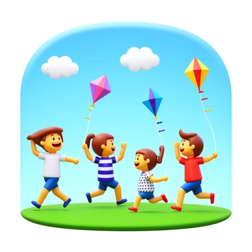 A group of children happily flying kites in a wide open field. Each child holds a brightly colored string attached to their kites soaring high above. The kites display various patterns, including stripes and polka dots. The children, wearing casual summer clothing, exhibit joyful expressions as they run across the green grass. In the background, the clear blue sky enhances the vibrant scene, with a few fluffy white clouds drifting by.