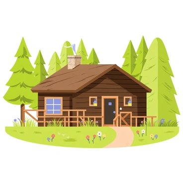 A rustic cabin made of dark brown wood with a slanted roof is nestled among tall green trees. The cabin has a small porch with a wooden railing and a hanging lantern. Soft sunlight filters through the leaves, creating dappled patterns on the ground. A stone chimney emerges from the roof, with a gentle plume of smoke rising into the air. Surrounding the cabin is a carpet of colorful wildflowers and patches of soft green grass. A narrow dirt path leads from the cabin through the trees, inviting exploration into the woodland.