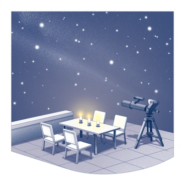 A patio set up for nighttime relaxation. Several candles are lit on a table, casting soft light around the area. A large telescope is positioned on the patio, aimed towards the sky. The surface of the patio is made of tiles, and there are a few comfortable chairs arranged around the table. Above, the sky is filled with numerous stars, creating a captivating display of celestial beauty.