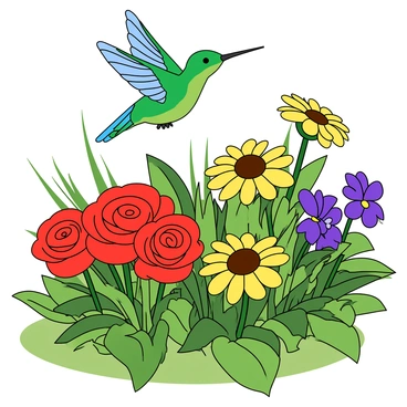 A delicate hummingbird with iridescent green and blue feathers is hovering in mid-air. Its wings are a blur of motion as it flaps rapidly. The hummingbird is positioned near a vibrant bouquet of flowers, which includes bright red roses, sunny yellow daisies, and deep purple violets. The flowers are arranged in a lush green garden setting, surrounded by verdant leaves and delicate stems. Sunlight filters through the foliage, casting playful shadows on the ground. The scene captures the beauty of nature in full bloom.