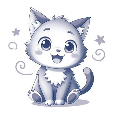 A fluffy cat with a round face and large expressive eyes. Its fur is depicted with exaggerated tufts, giving it a playful appearance. The character has a small, upturned nose and a wide, cheerful smile. The ears are large and pointy, adding to its whimsical nature. The cat is sitting with its paws tucked underneath its body, surrounded by playful swirls and stars that enhance its cartoonish charm. The overall composition captures a lively and enchanting essence of the character.