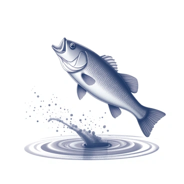 A largemouth bass is leaping out of a lake. The fish is mid-air, demonstrating its robust body and distinctive jaw. Water splashes in arcs around the fish, creating a dynamic scene of droplets scattering in various directions. The surface of the lake ripples outward from the point of the fish's jump, capturing the energy of the moment. The scene conveys a sense of motion and vitality in a natural setting.
