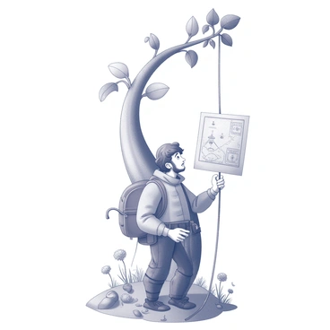 A brave adventurer stands at the base of a towering beanstalk that spirals upward into the clouds. The adventurer is dressed in rugged climbing gear, featuring a sturdy backpack and climbing shoes. In their right hand, they hold an old parchment map, unfurled and displaying intricate markings and symbols. The left hand is gripping a climbing rope, ready for the ascent. The beanstalk is thick and textured, with large leaves fluttering gently in the wind. Surrounding the base of the beanstalk are various wildflowers and small rocks, adding detail to the ground. The adventurer looks determined and focused, ready to embark on their journey.
